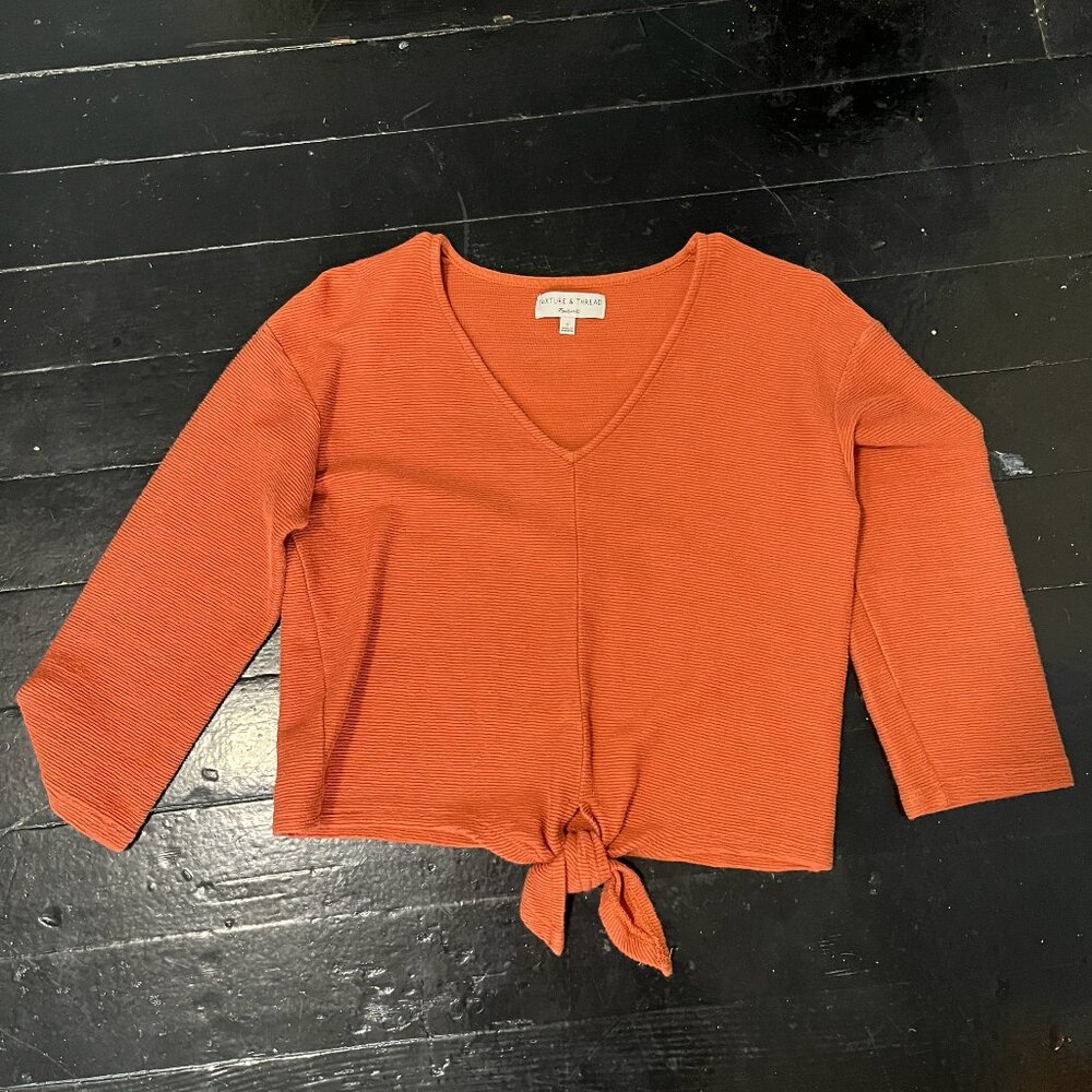 Madewell Texture & Thread Long-Sleeve Tie-Front Top Women's S Orange 3/4 sleeve - Picture 4 of 6